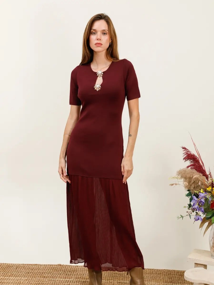 Stickad Klänning med chiffong- Celia Bordeaux