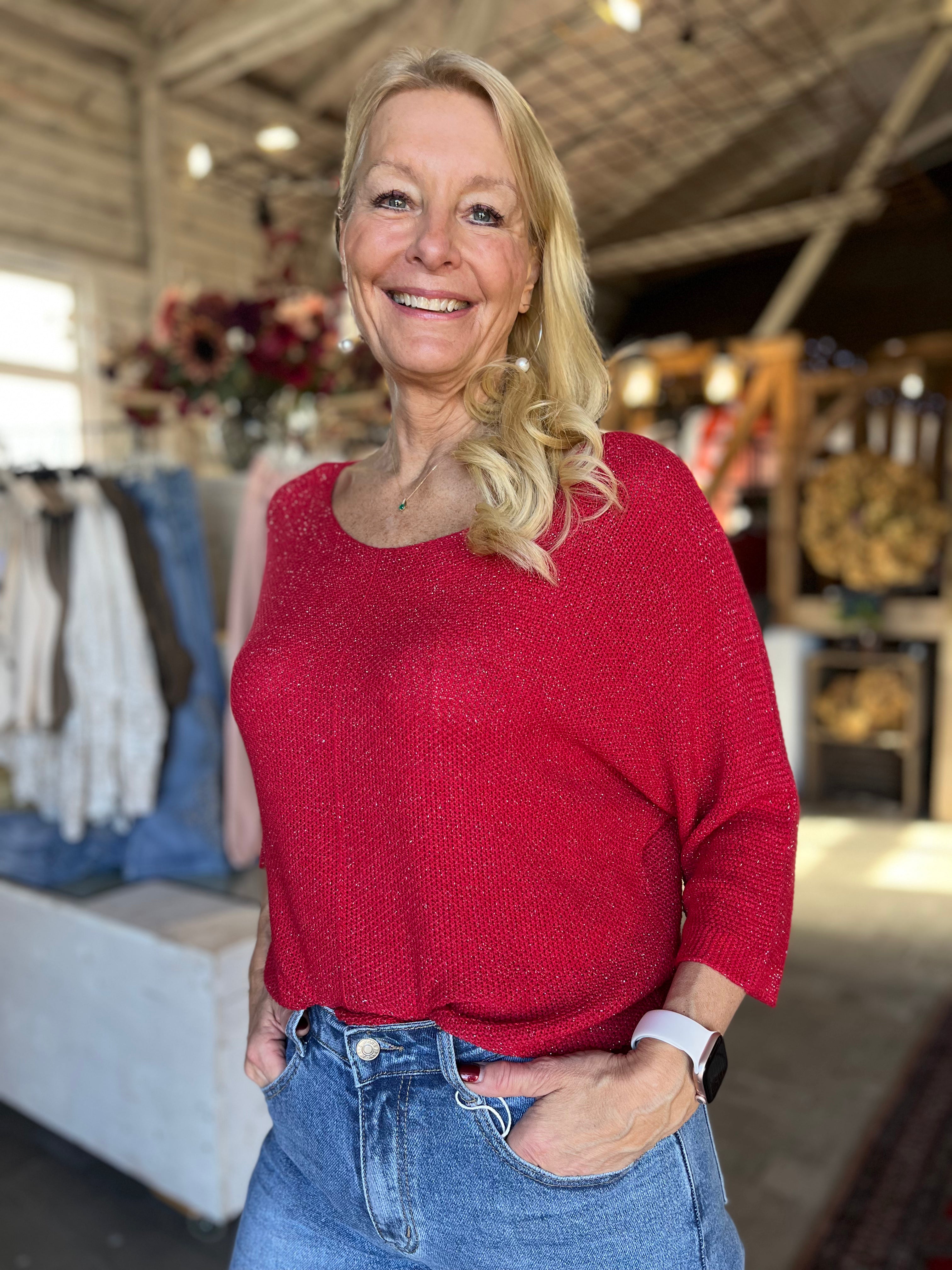 Tröja med glitter 3/4 ärm- Betina Röd