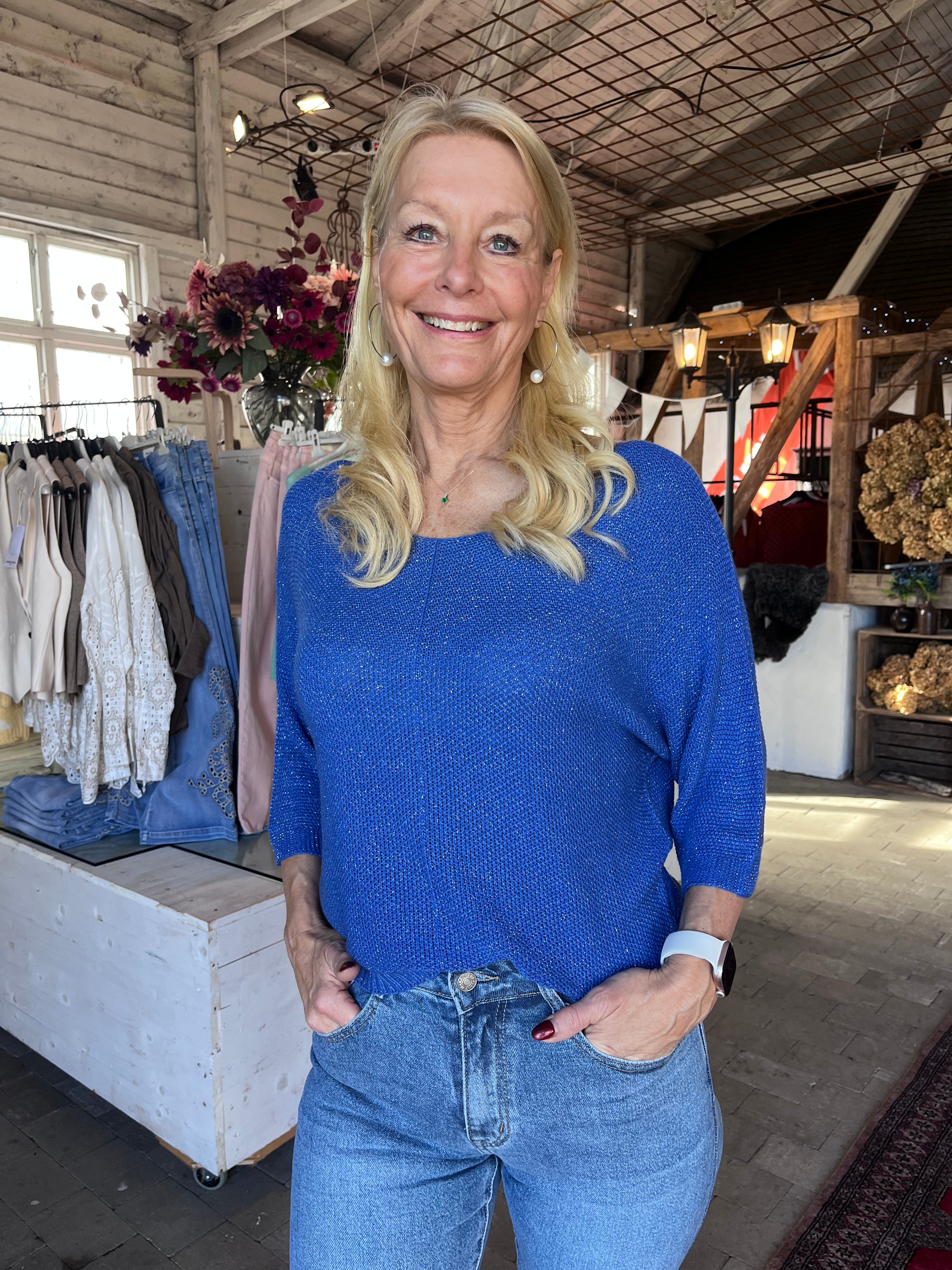 Tröja med glitter 3/4 ärm- Betina Koboltblå