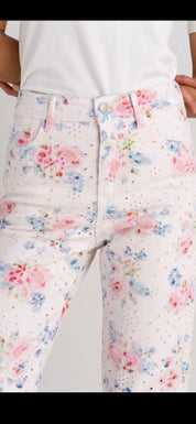 Vita Broderade Jeans med rosa blommor- Jenny