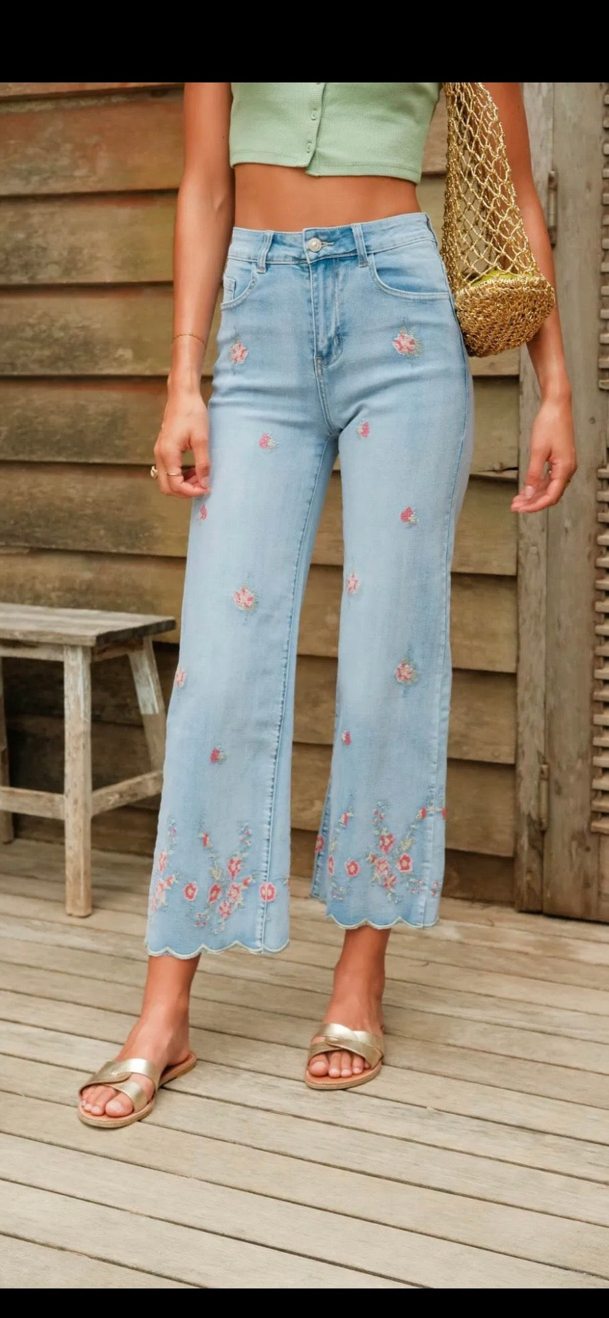 Broderade Ankel Jeans små rosa blommor- Rene