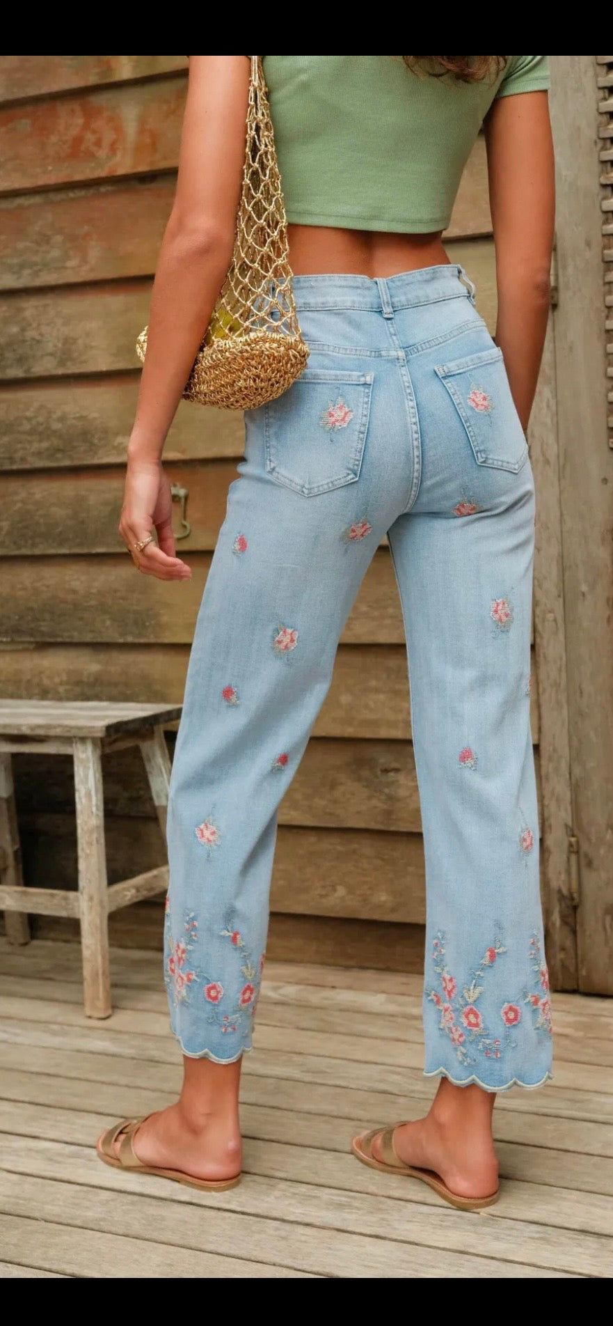 Broderade Ankel Jeans små rosa blommor- Rene