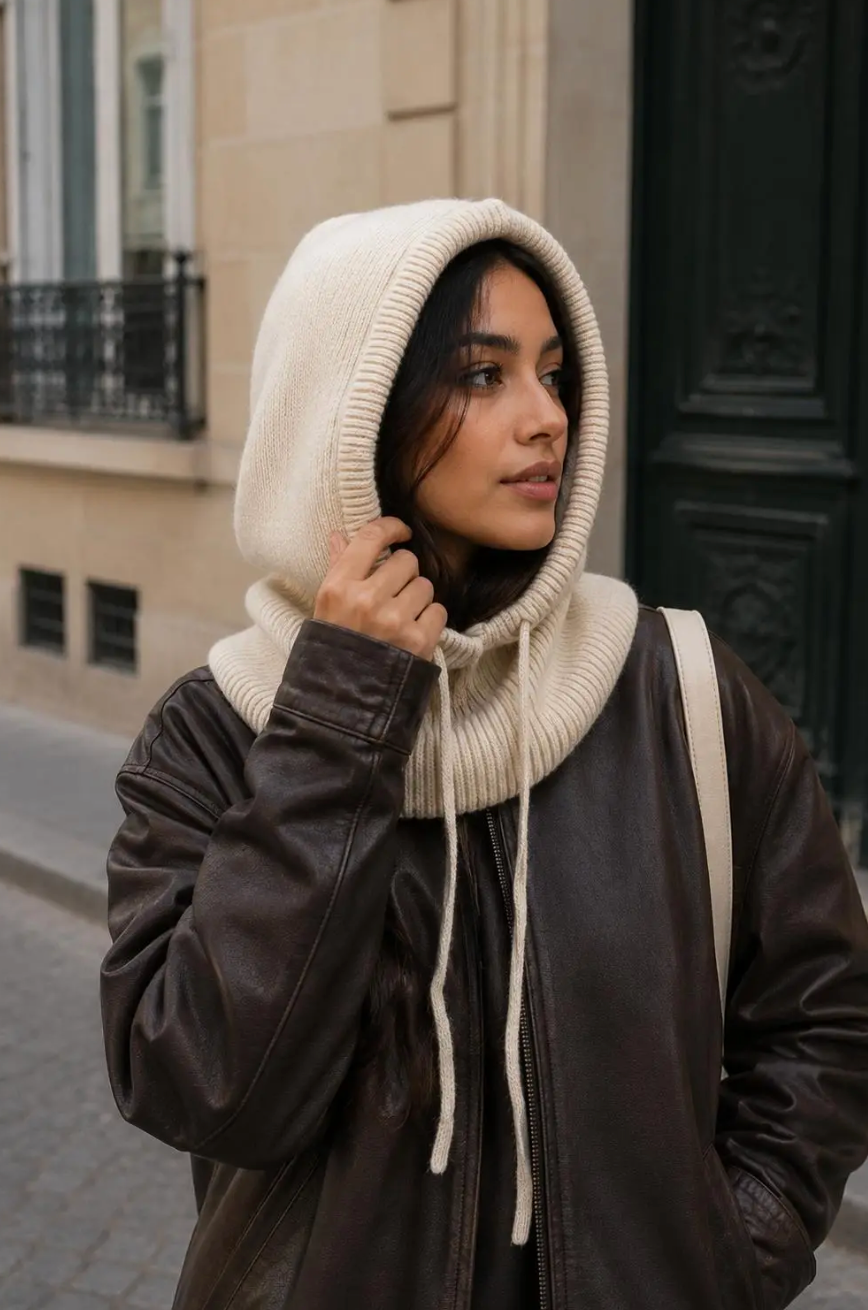 Stickad Balaclava/ Huva med knyt- Harriet Ljusbeige