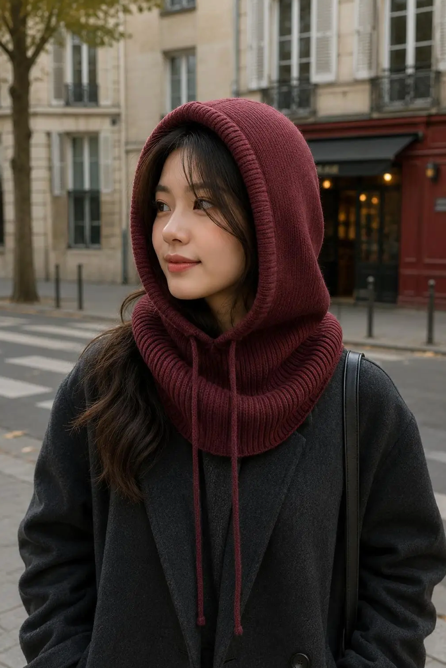 Stickad Balaclava/ Huva med knyt- Harriet Bordeaux