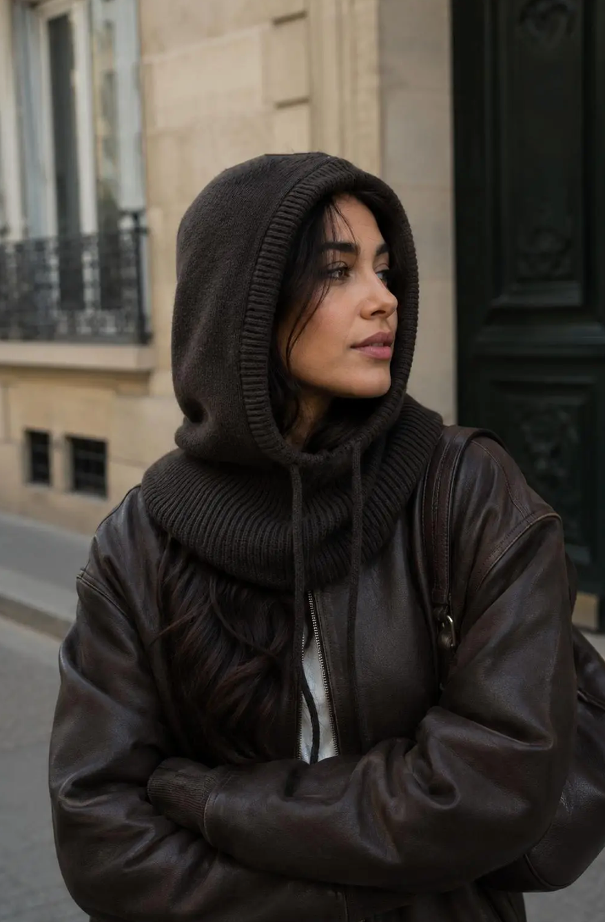 Stickad Balaclava/ Huva med knyt- Harriet Brun