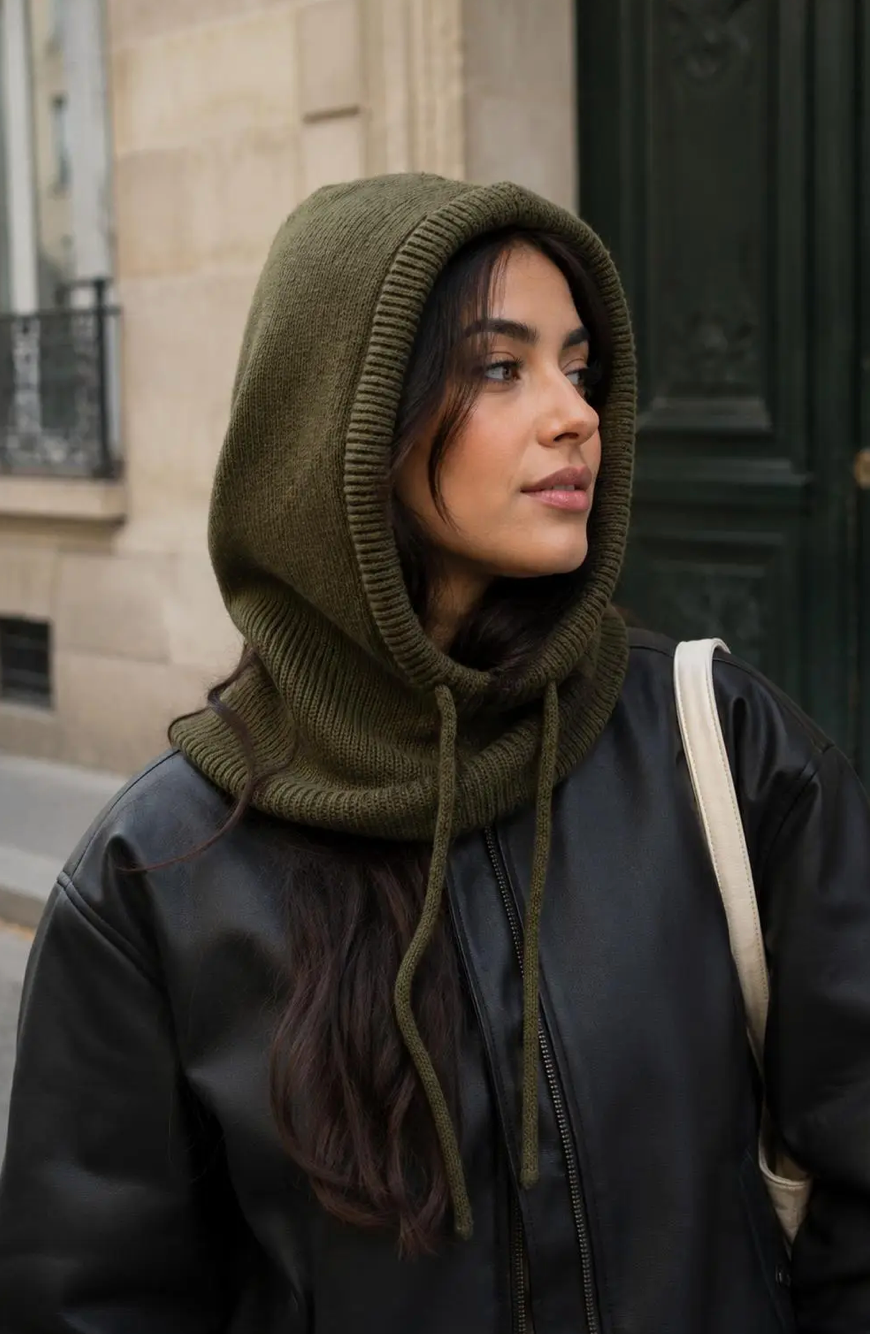 Stickad Balaclava/ Huva med knyt- Harriet Khakigrön