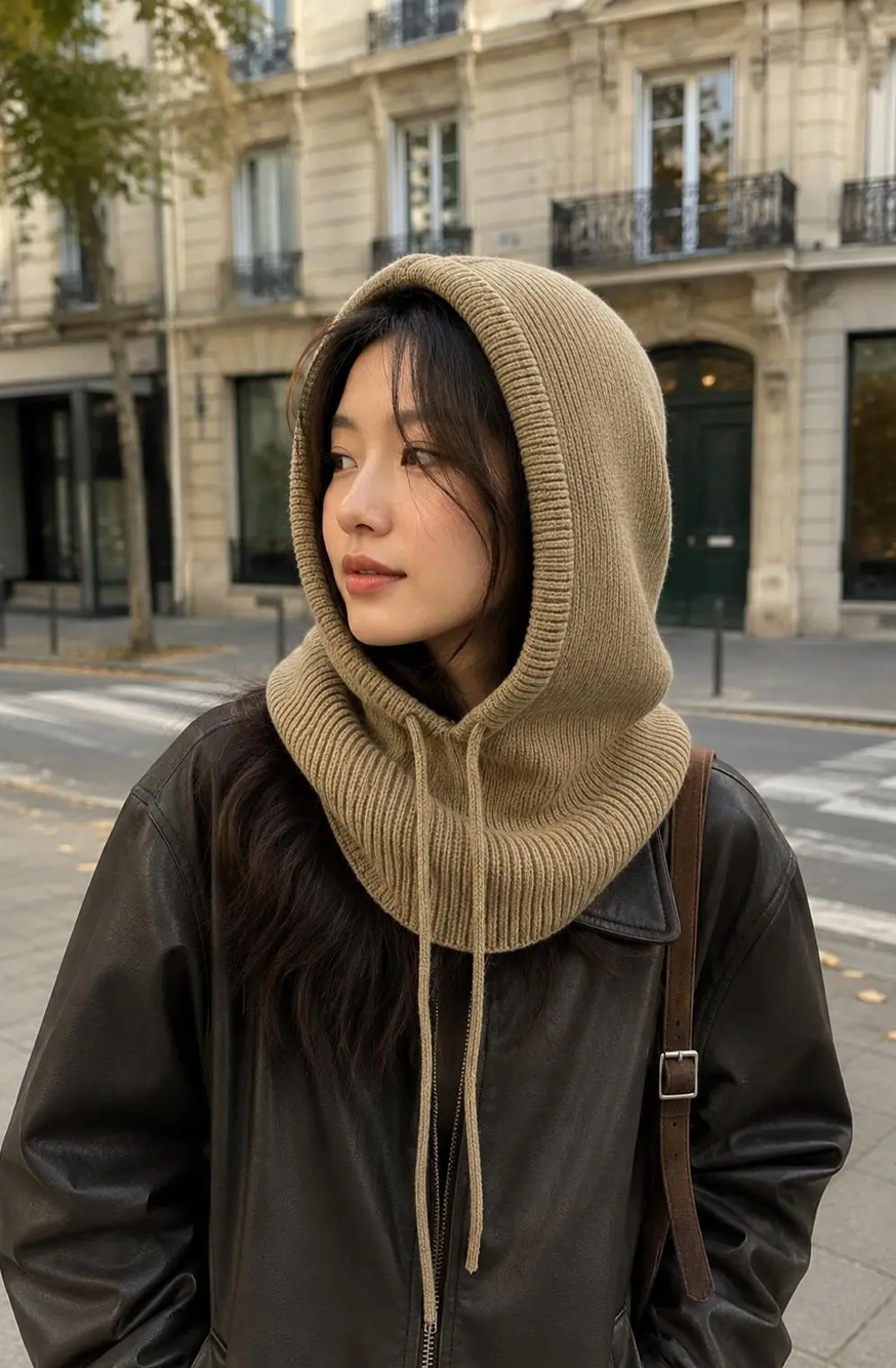 Stickad Balaclava/ Huva med knyt- Harriet Taupe