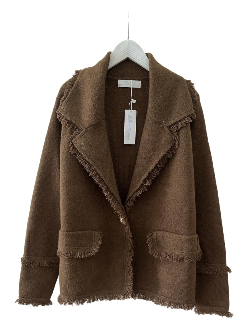 Varm Stickad Blazer- Fringe Dark Khaki