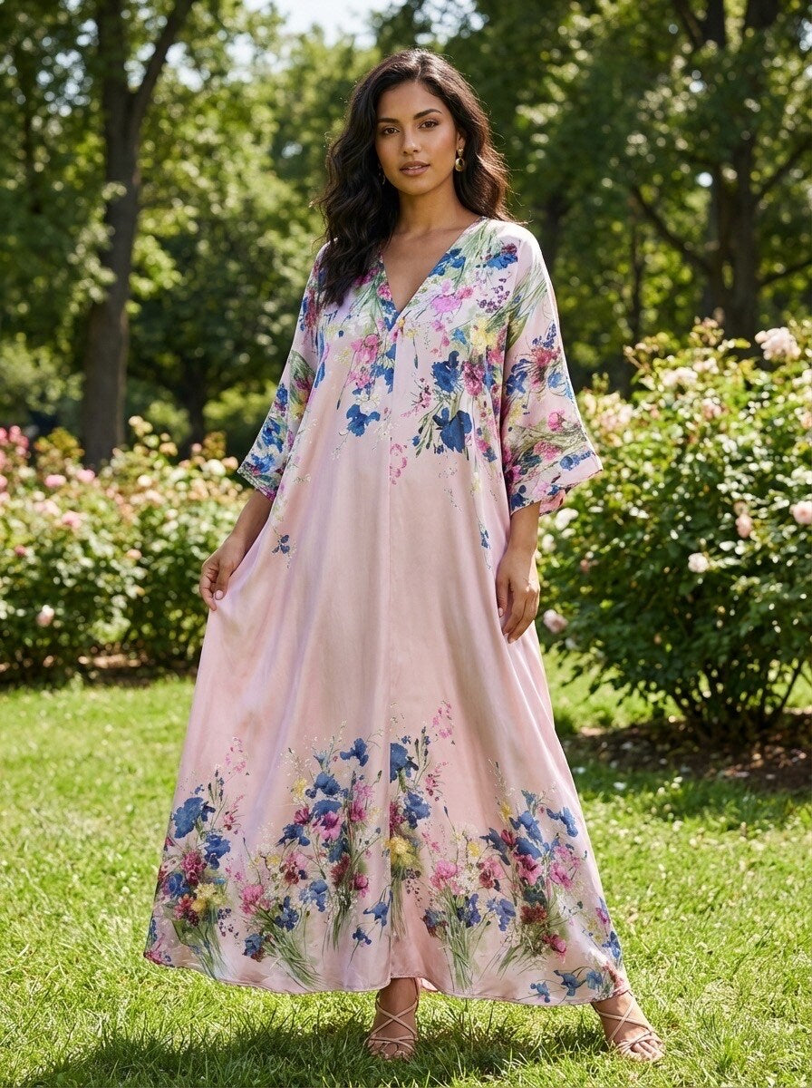 V-Ringad Långklänning med fickor- Finja Rosa