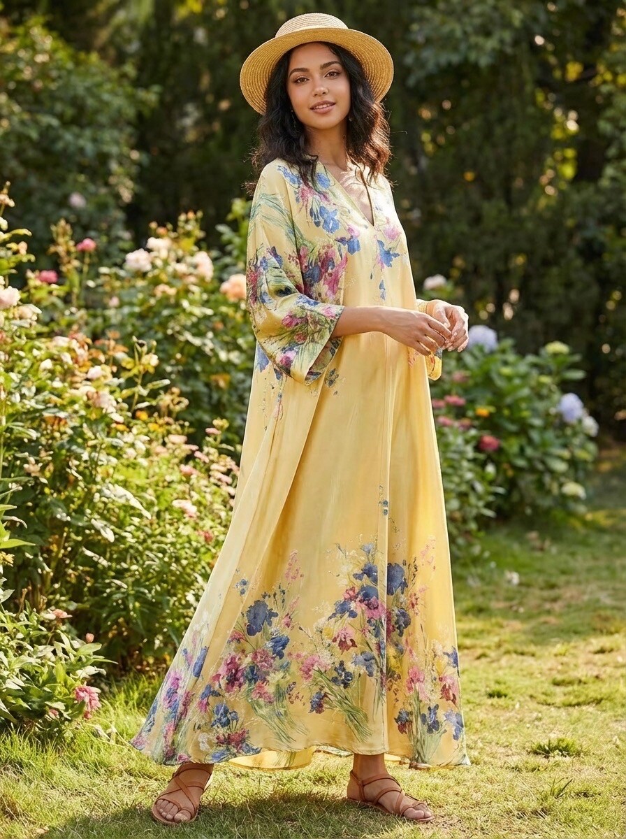 V-Ringad Långklänning med fickor- Finja Gul