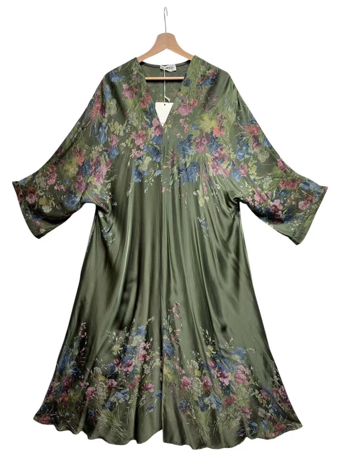 V-Ringad Långklänning med fickor- Finja Khakigrön