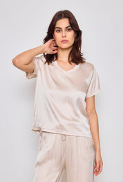 V-Ringad T-Shirt Silke- Mia Ecru